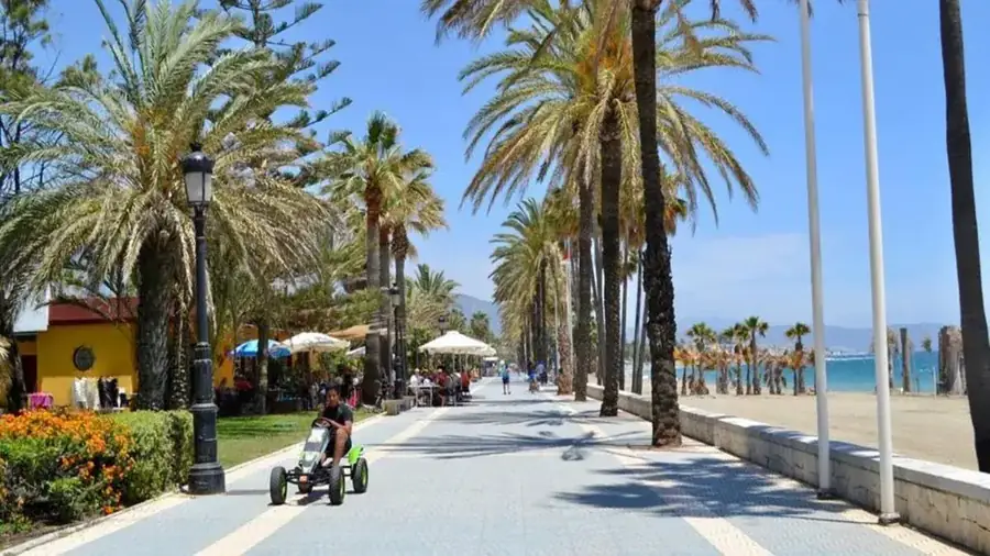 San Pedro de Alcántara boulevard promenade with palm trees and Mediterranean coastline