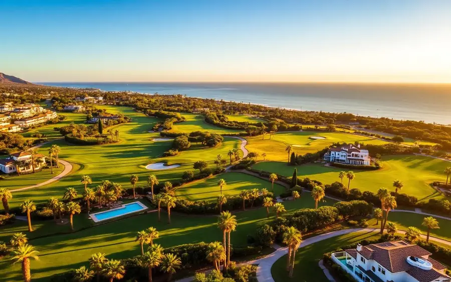Aerial view of a Marbella golf community with manicured fairways and luxury villas