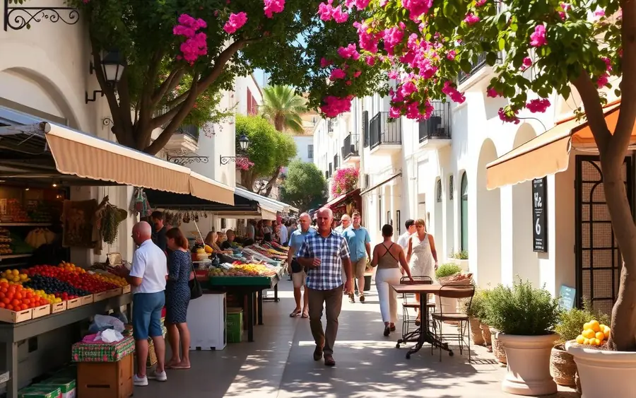 Sunny Marbella street market with produce stalls and café terraces