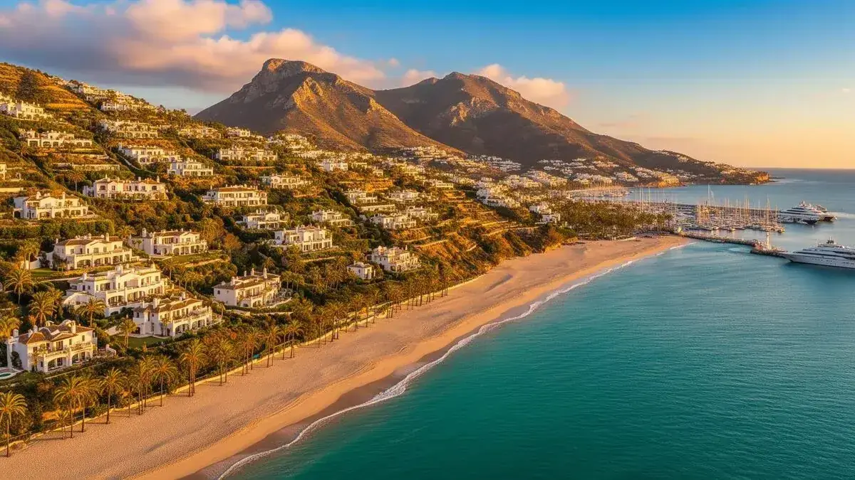 Marbella promenade at sunset with palm trees and Mediterranean sea