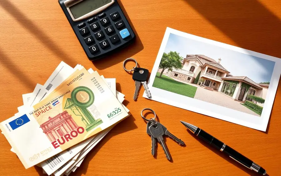 Spanish property purchase flat-lay with euros, calculator, keys and a Marbella villa photo