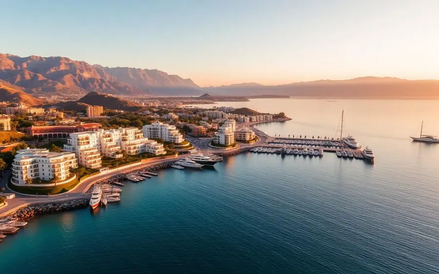 Aerial view of Marbella coastline at sunrise with the Sierra Blanca mountains