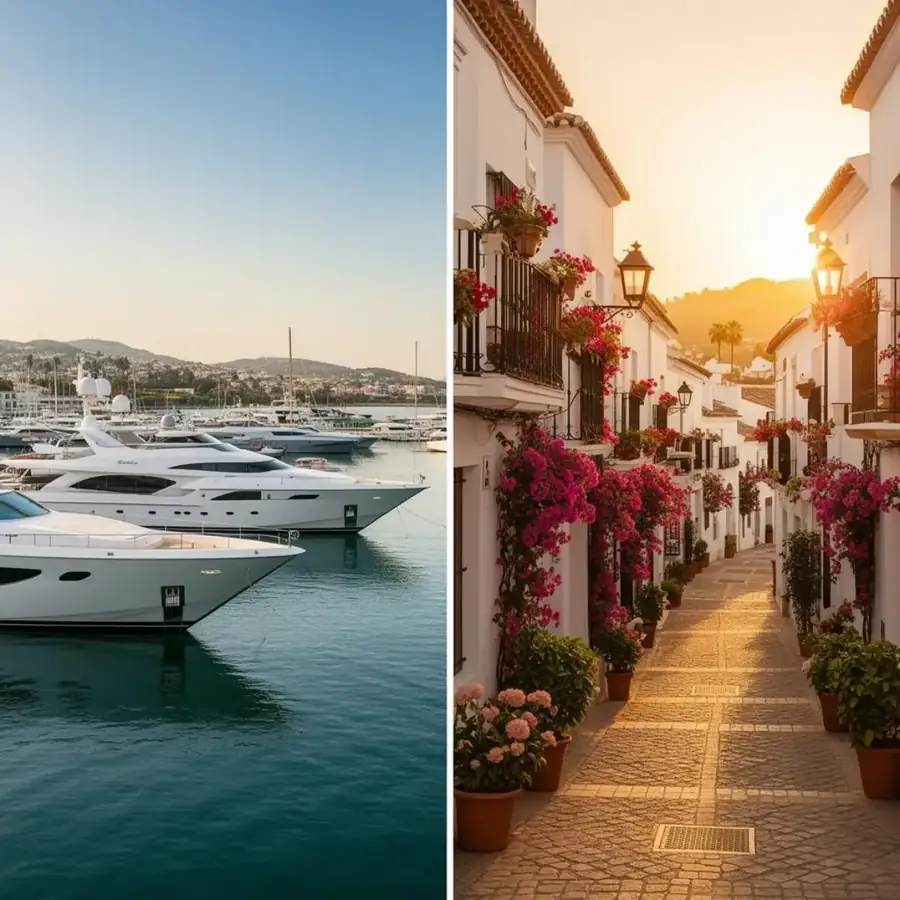 Split view comparing Puerto Banús marina with Estepona old town whitewashed streets