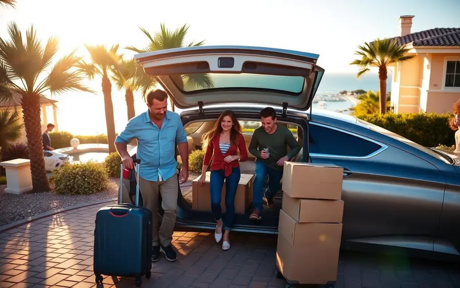 British family arriving at their new Marbella villa with luggage and moving boxes
