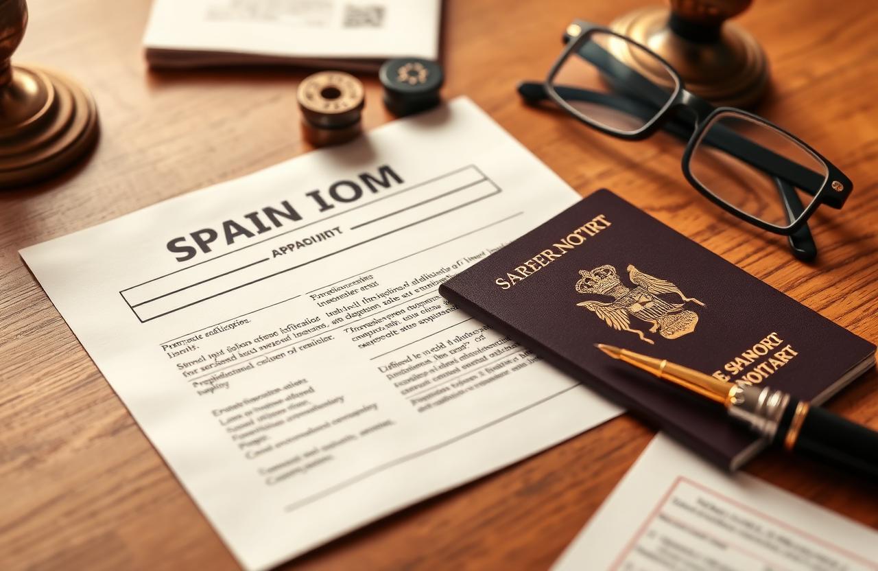 Spanish NIE application paperwork and passport on a notary desk with official stamps