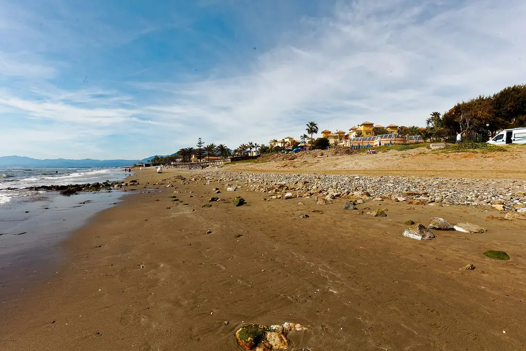 Low-rise homes and palm trees behind Playa de las Chapas on the Marbella East coastline