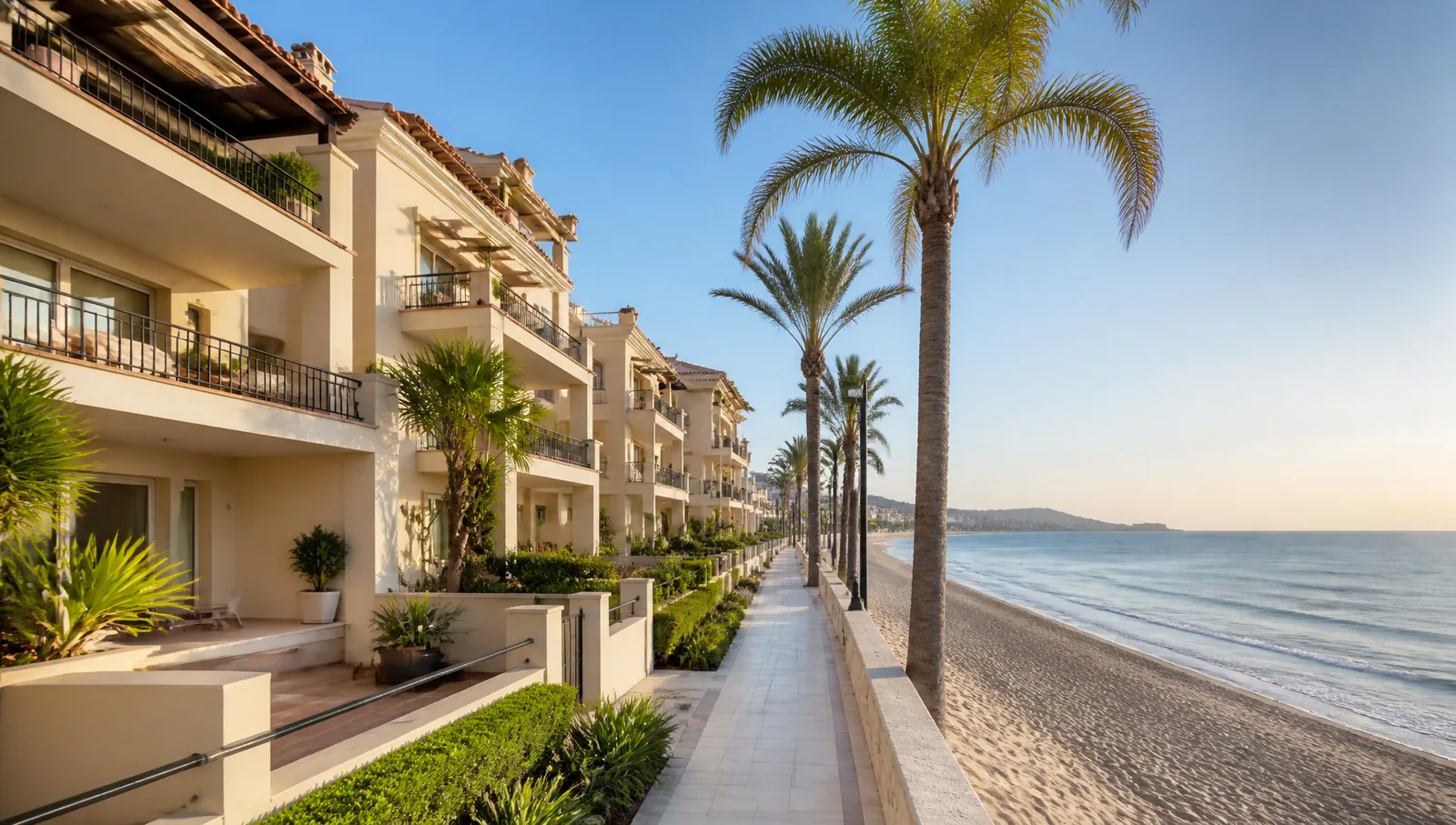 Low-rise Mediterranean apartment building with terraces beside a palm-lined coastal promenade and sandy beach