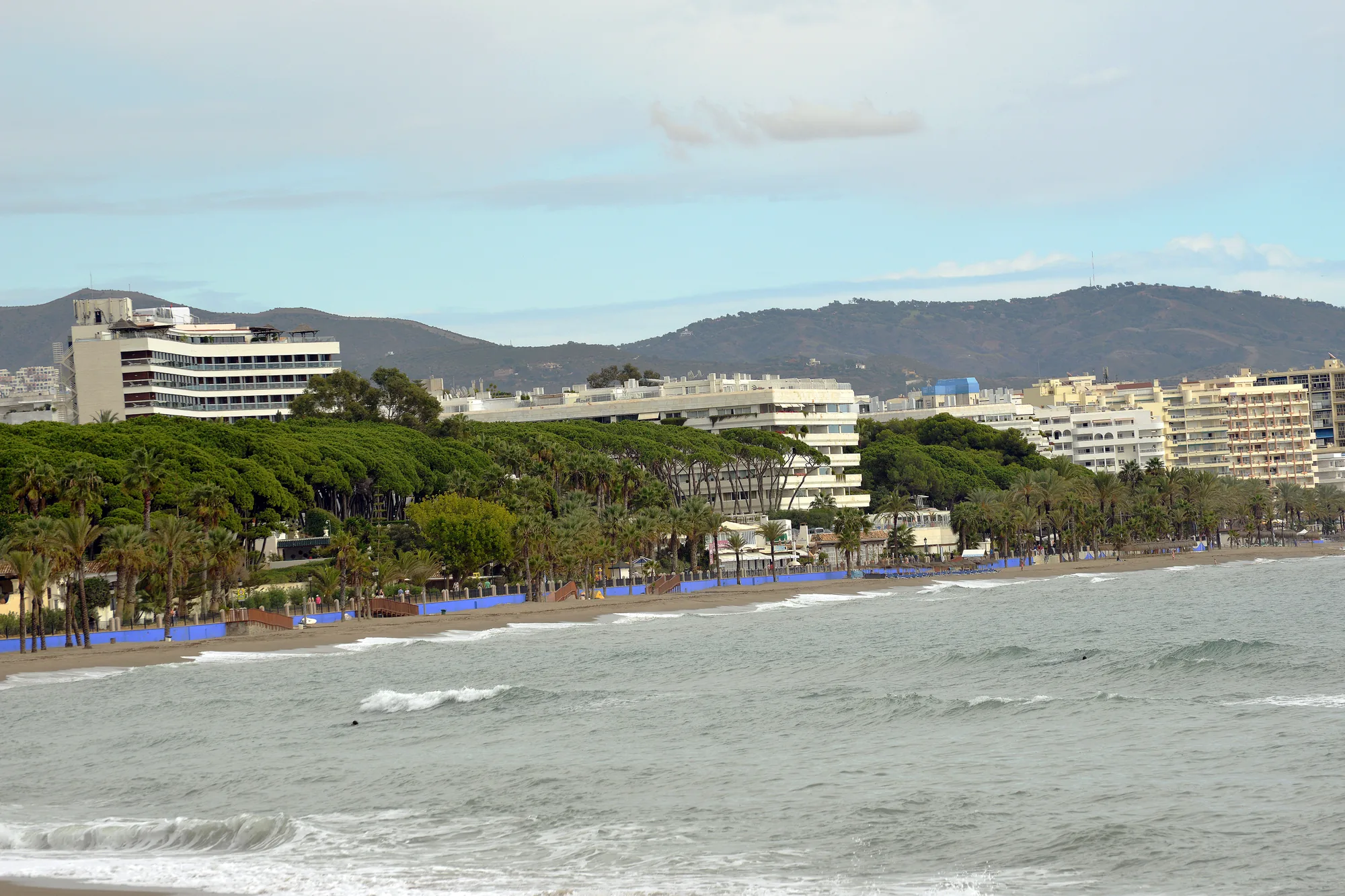 First-line buildings and palm trees along the Marbella shoreline seen from the sea