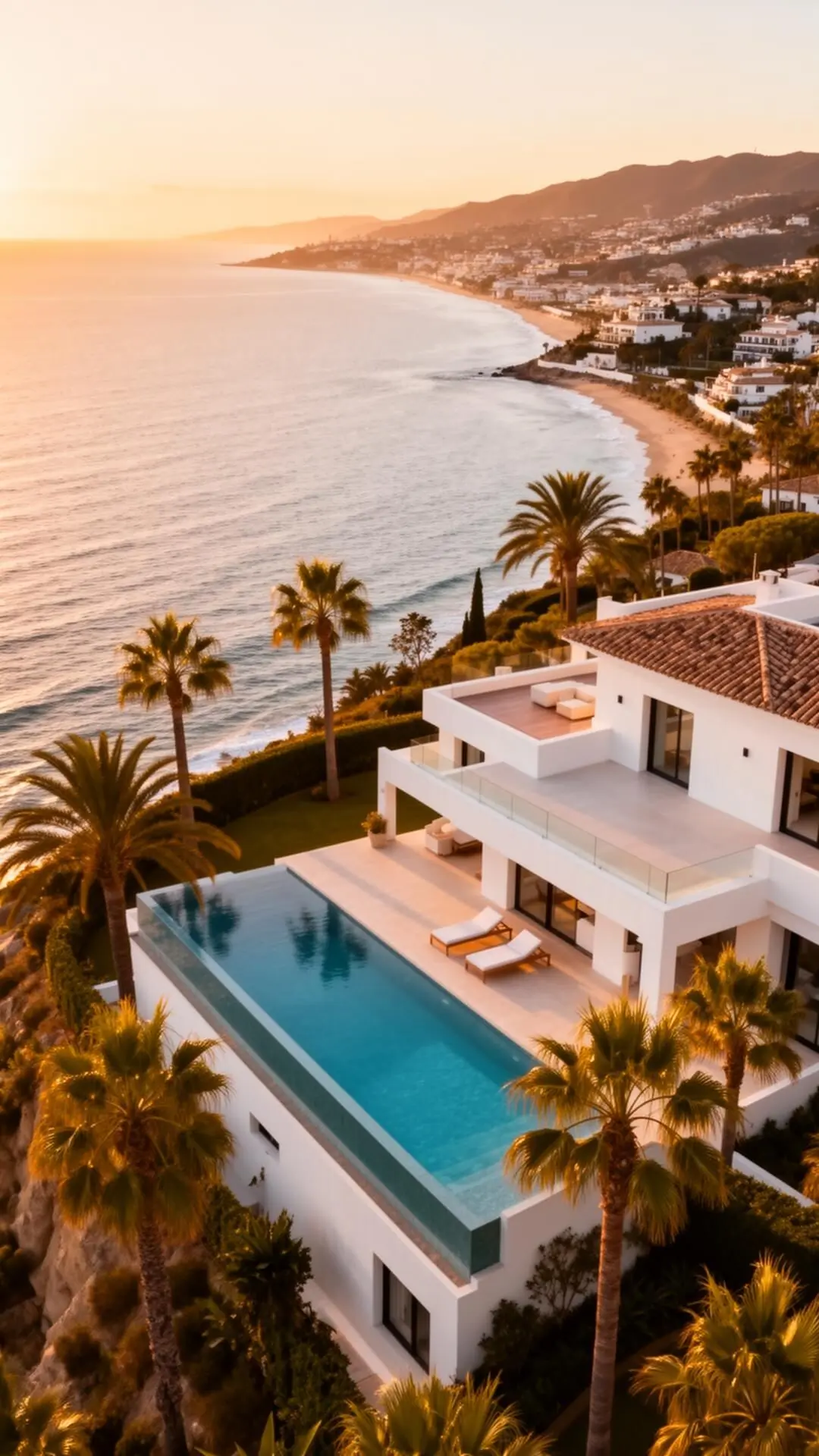 Luxury beachfront villa with infinity pool overlooking the Mediterranean coastline in Marbella, Costa del Sol at golden hour