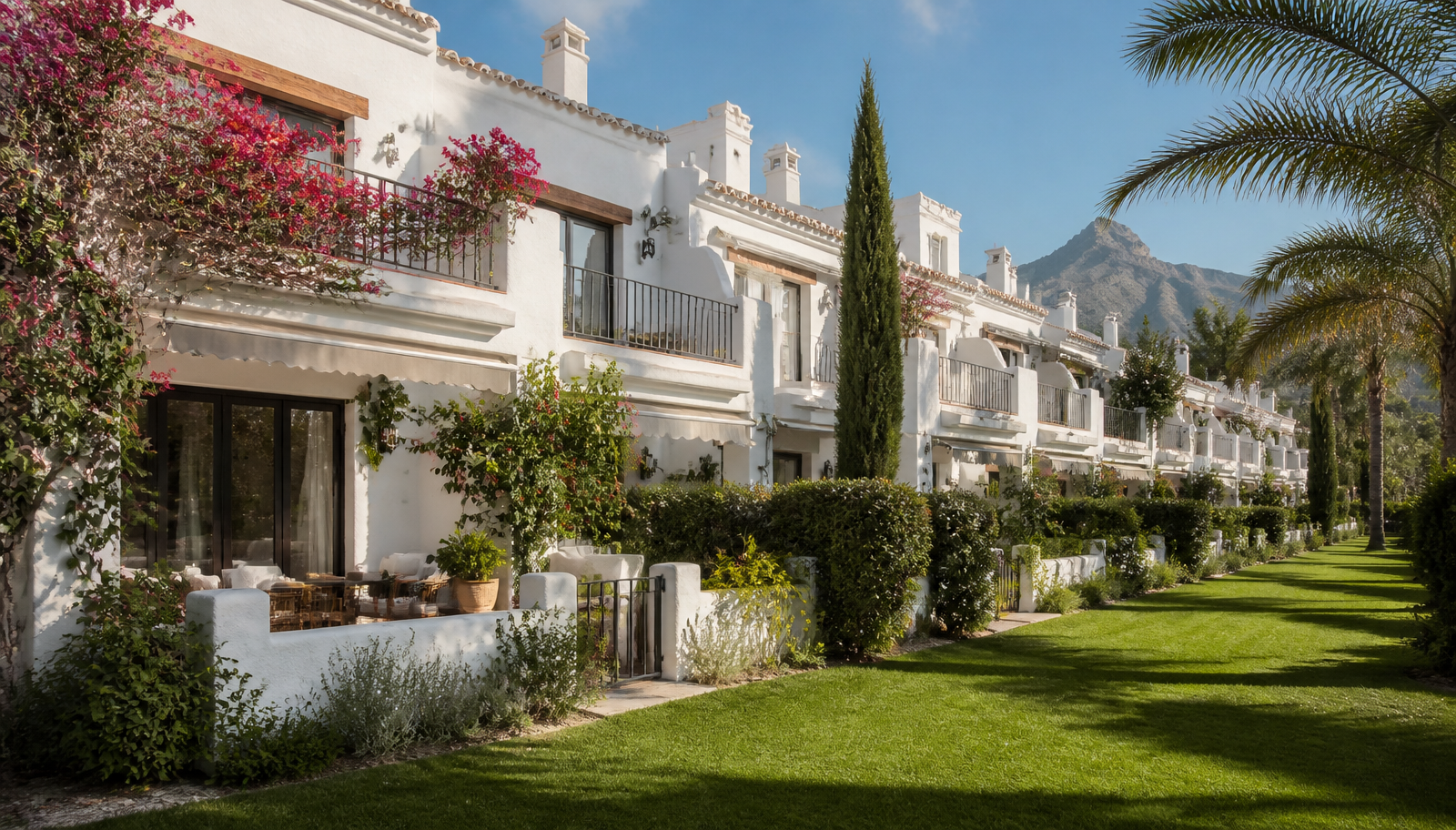 Row of attached multi-level townhouses in a Marbella residential community with shared garden planting