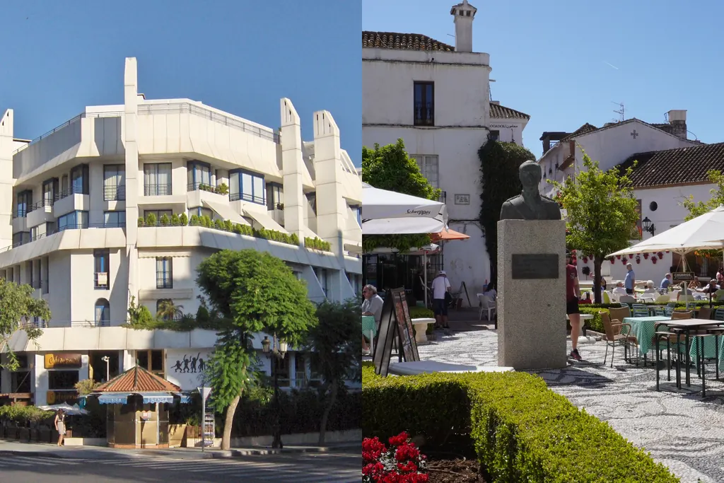 Split view with a modern apartment building in Marbella on the left and traditional whitewashed old town buildings on the right