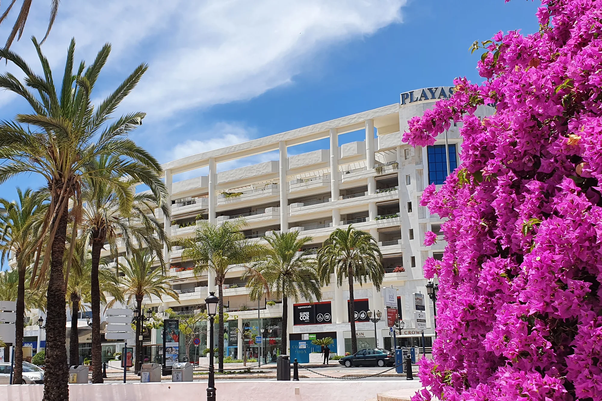 Residential apartment building with palm trees on Avenida José Banús beside Playas del Duque in Puerto Banús, Marbella