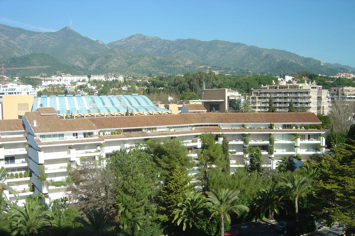 Central Marbella with the wooded Sierra Blanca mountainside rising behind the town