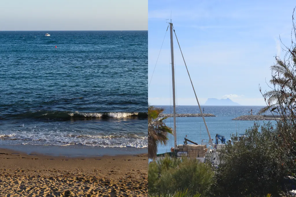 Split view with a Marbella beach and shoreline on the left and the seafront promenade in Estepona on the right